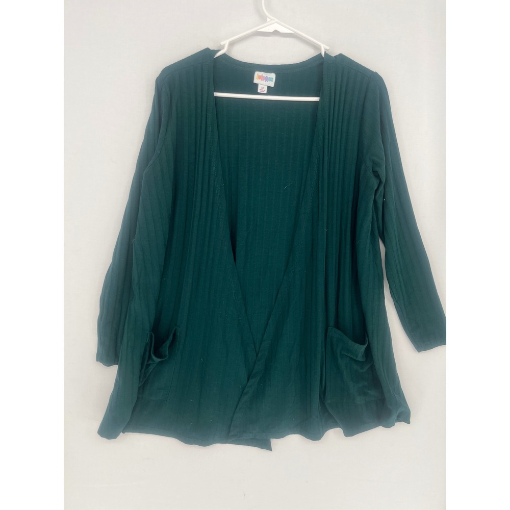 LuLaRoe Cardigan Womens Medium Green Ribbed Open Front Long Sleeve Pockets 3201